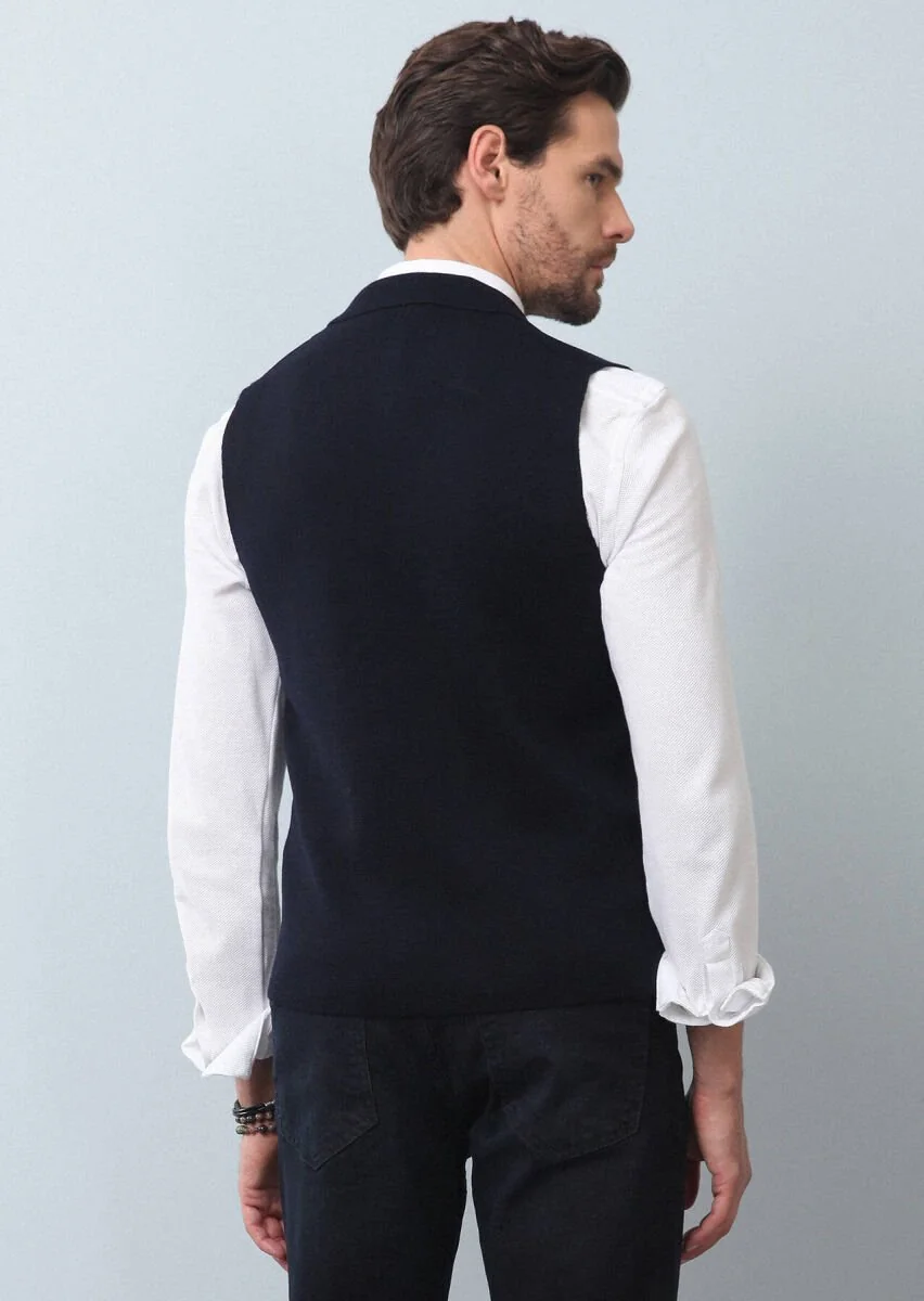 Navy Blue Plain Knitting Knit Vest - 4