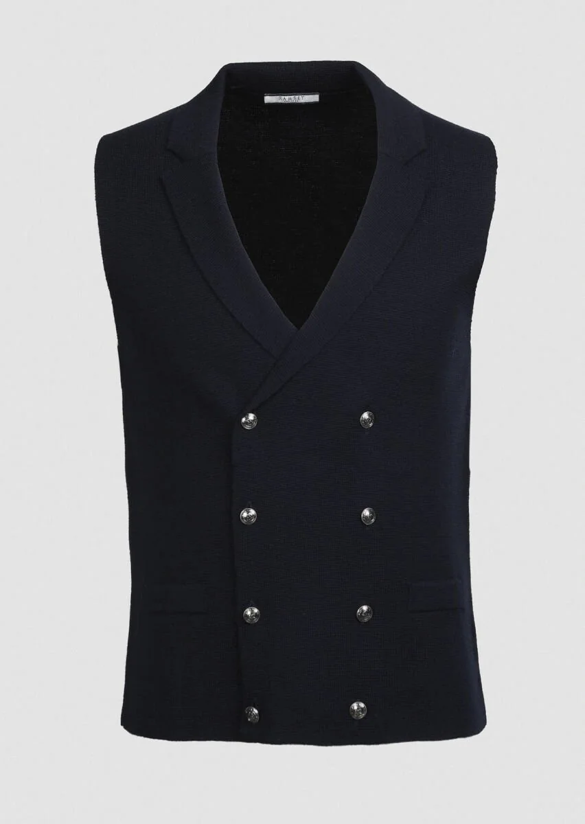 Navy Blue Plain Knitting Knit Vest - 5