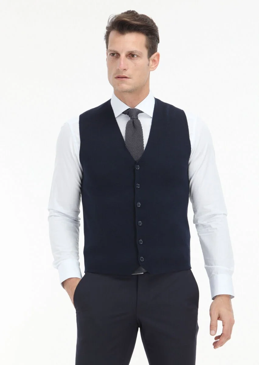 Navy Blue Plain Knitting Knit Vest - 1