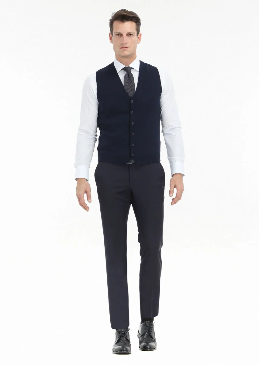 Navy Blue Plain Knitting Knit Vest - 2
