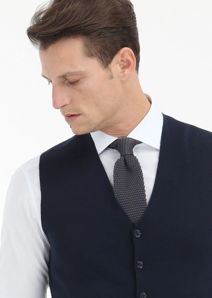 Navy Blue Plain Knitting Knit Vest - 3