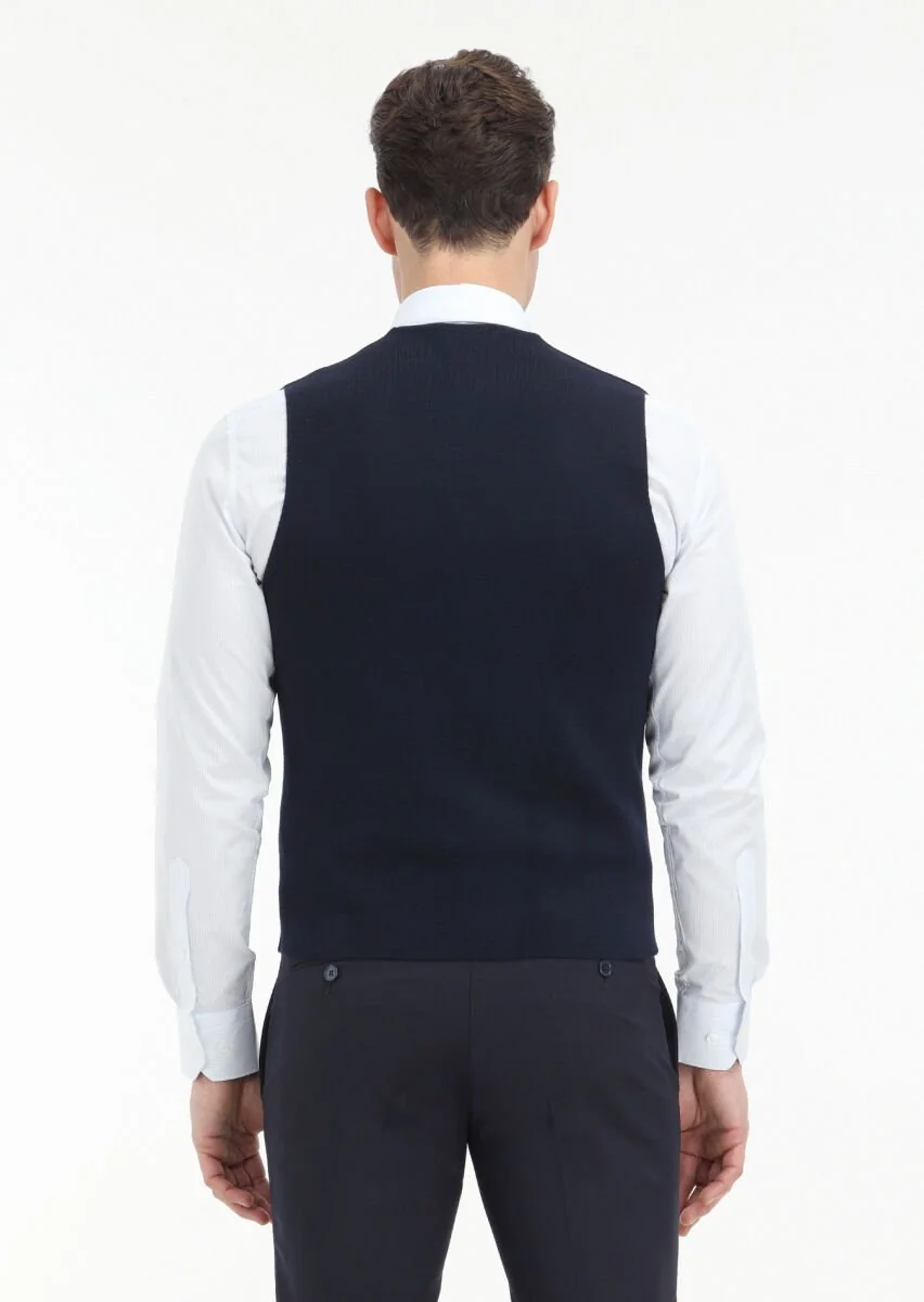 Navy Blue Plain Knitting Knit Vest - 4
