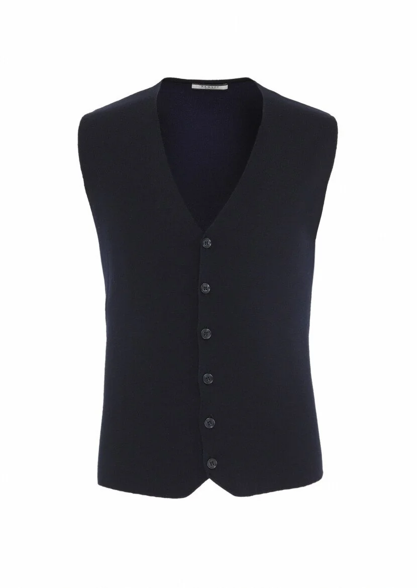 Navy Blue Plain Knitting Knit Vest - 5