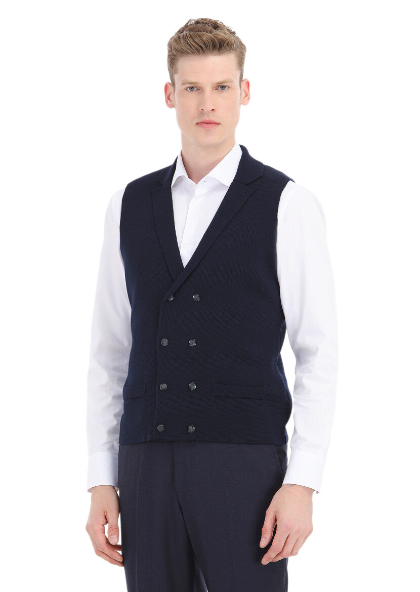 Navy Blue Plain Knitting Knit Vest - 1