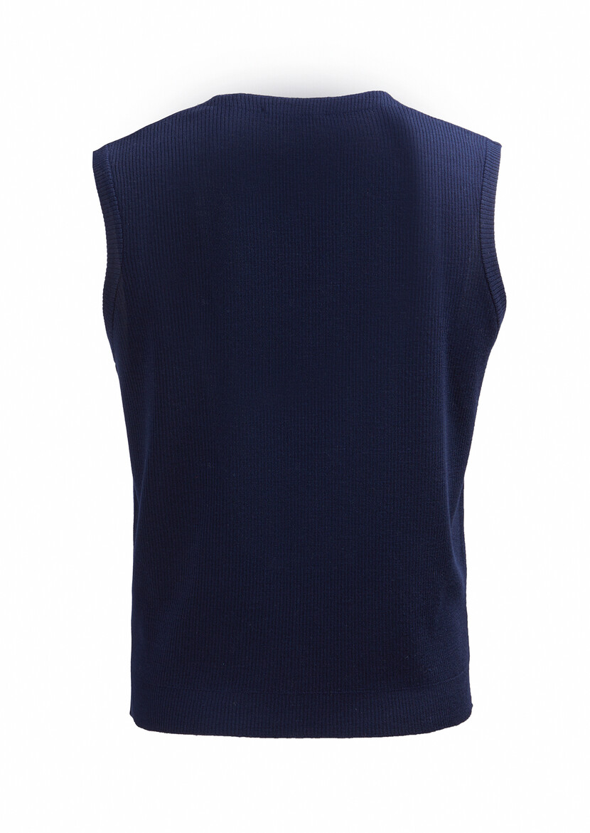 Navy Blue Plain Knitting Knit Vest - 3