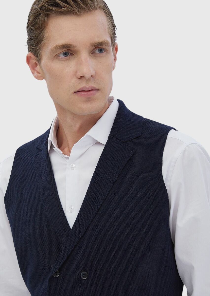 Navy Blue Plain Knitting Knit Vest - 3