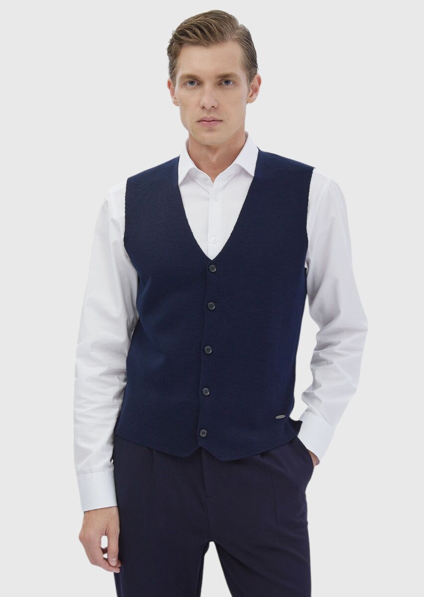 Navy Blue Plain Knitting Knit Vest - 1