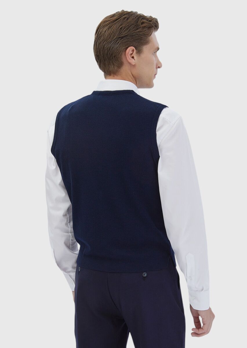 Navy Blue Plain Knitting Knit Vest - 5