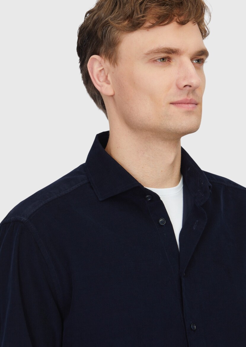 Navy Blue Plain Long Weaving Casual 100% Cotton Shirt - 3