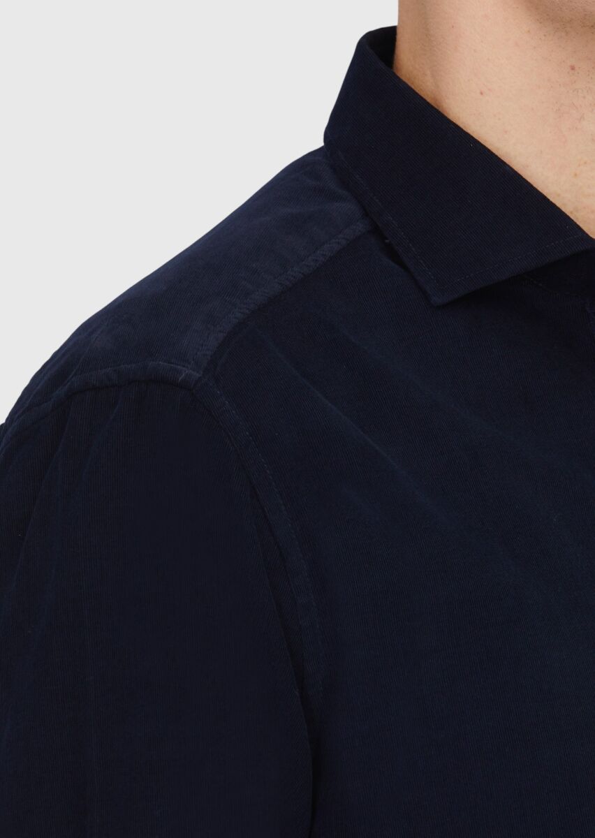 Navy Blue Plain Long Weaving Casual 100% Cotton Shirt - 4