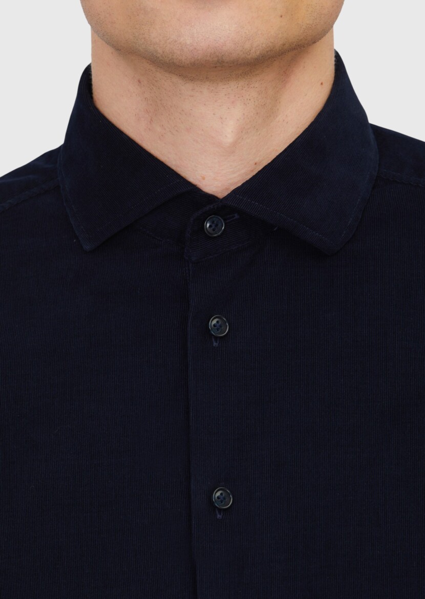 Navy Blue Plain Long Weaving Casual 100% Cotton Shirt - 5