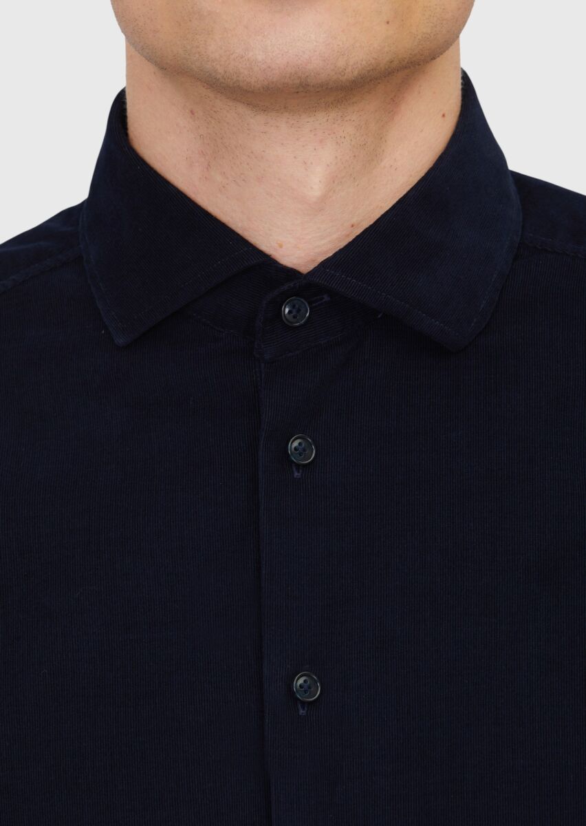 Navy Blue Plain Long Weaving Casual 100% Cotton Shirt - 5