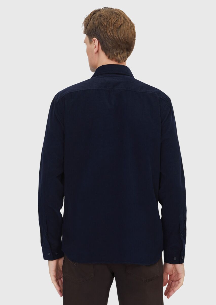 Navy Blue Plain Long Weaving Casual 100% Cotton Shirt - 6