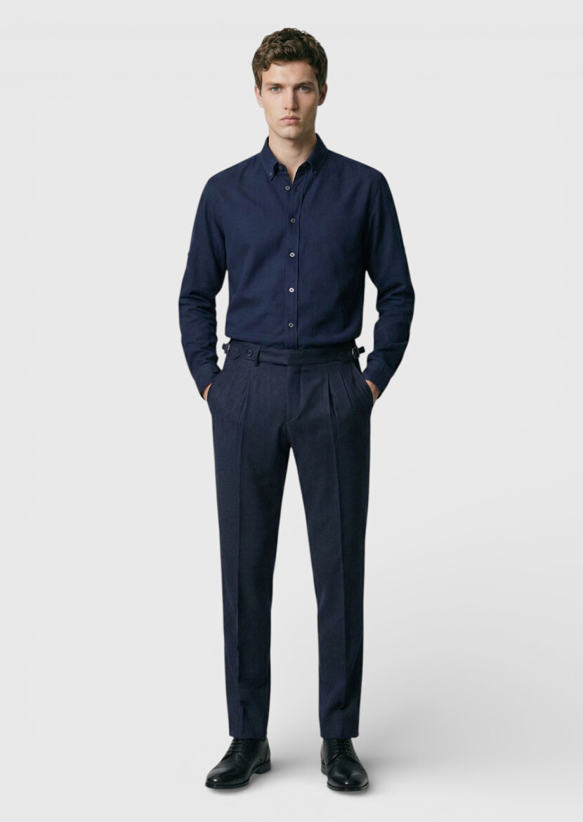 Navy Blue Plain Long Weaving Casual Shirt - RAMSEY