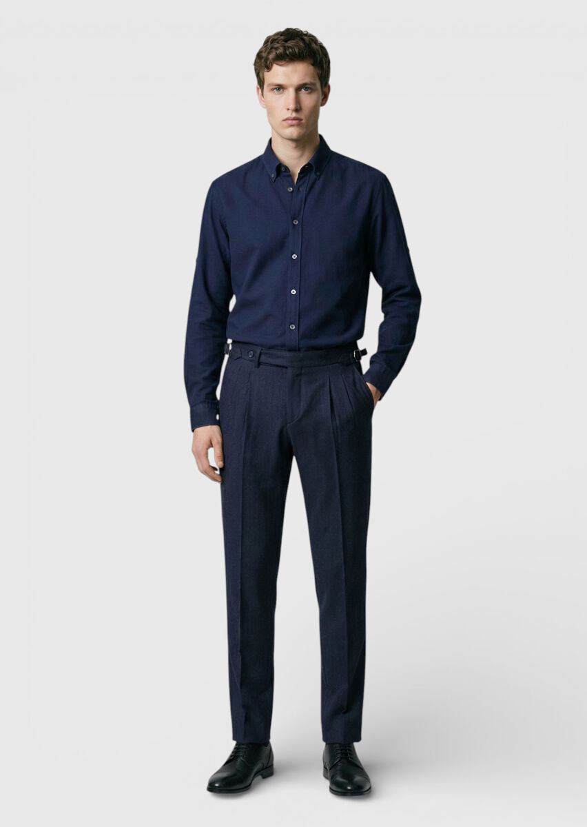 Navy Blue Plain Long Weaving Casual Shirt - 3