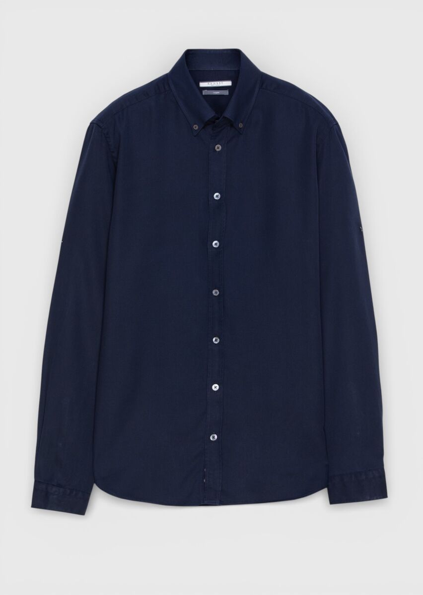 Navy Blue Plain Long Weaving Casual Shirt - 5