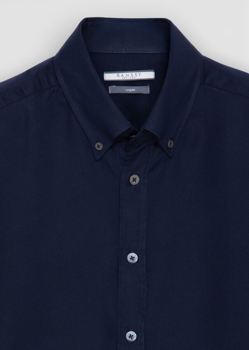 Navy Blue Plain Long Weaving Casual Shirt - 6