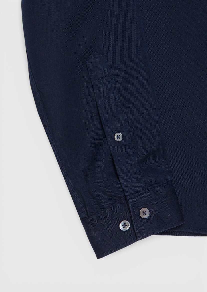 Navy Blue Plain Long Weaving Casual Shirt - 7