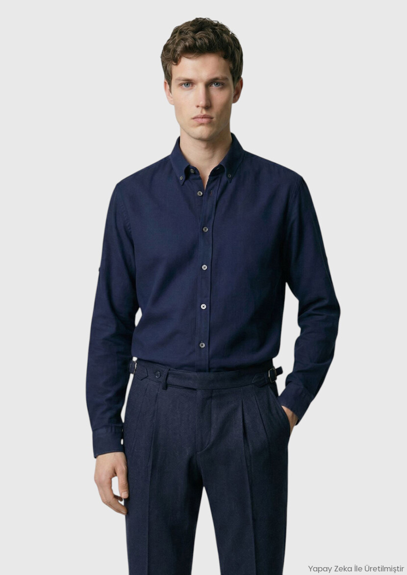 Navy Blue Plain Long Weaving Casual Shirt - RAMSEY