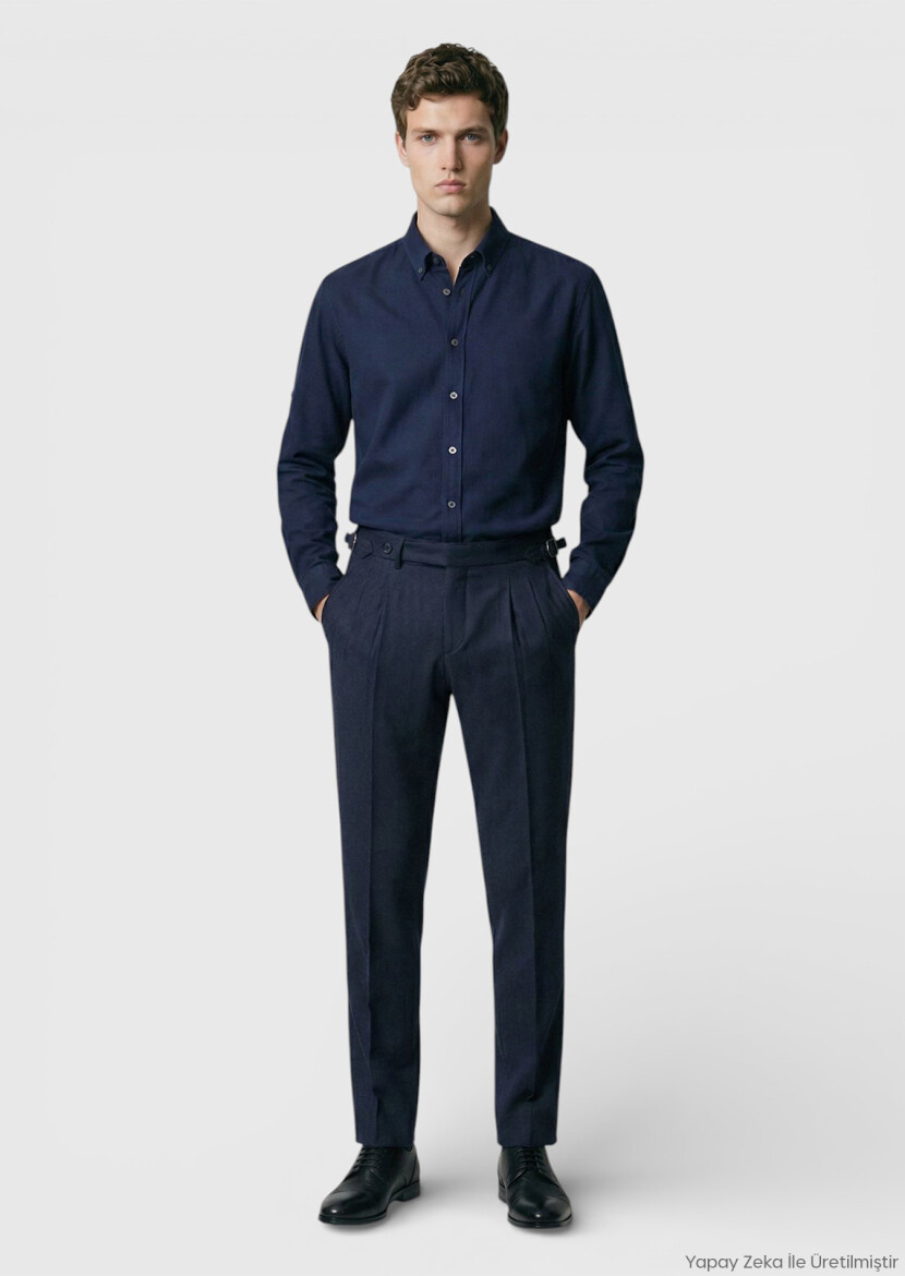 Navy Blue Plain Long Weaving Casual Shirt - RAMSEY