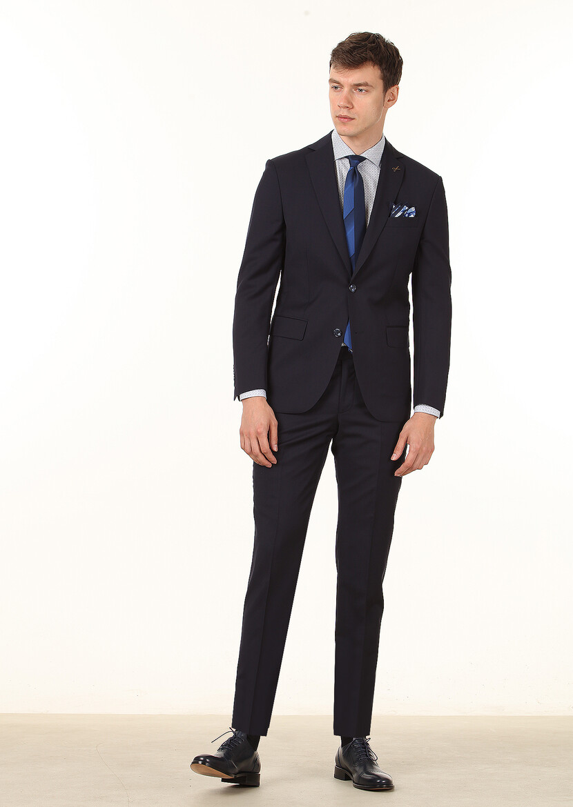 Navy Blue Plain Modern Fit 100% Wool Suit - 3