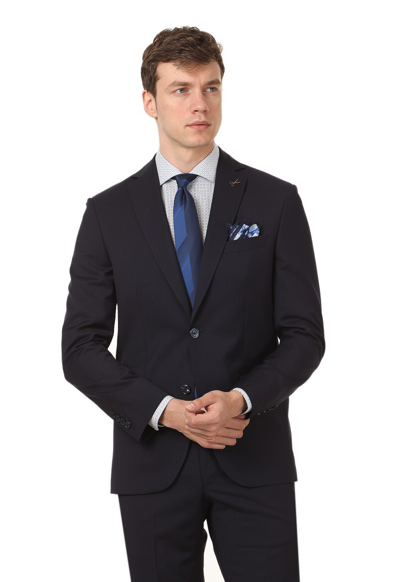 Navy Blue Plain Modern Fit 100% Wool Suit - 1