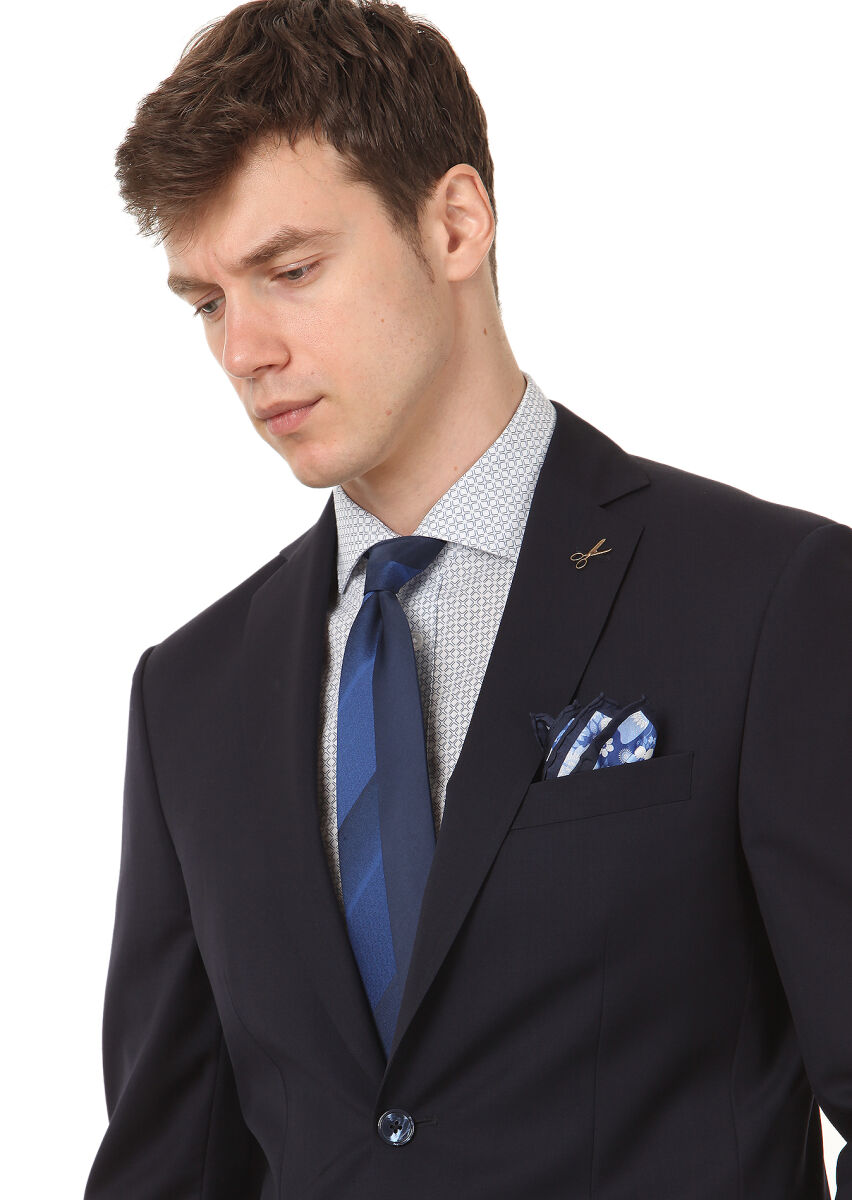 Navy Blue Plain Modern Fit 100% Wool Suit - 2