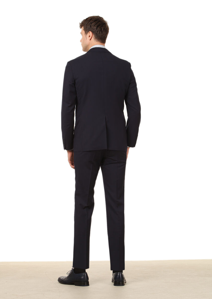 Navy Blue Plain Modern Fit 100% Wool Suit - 4