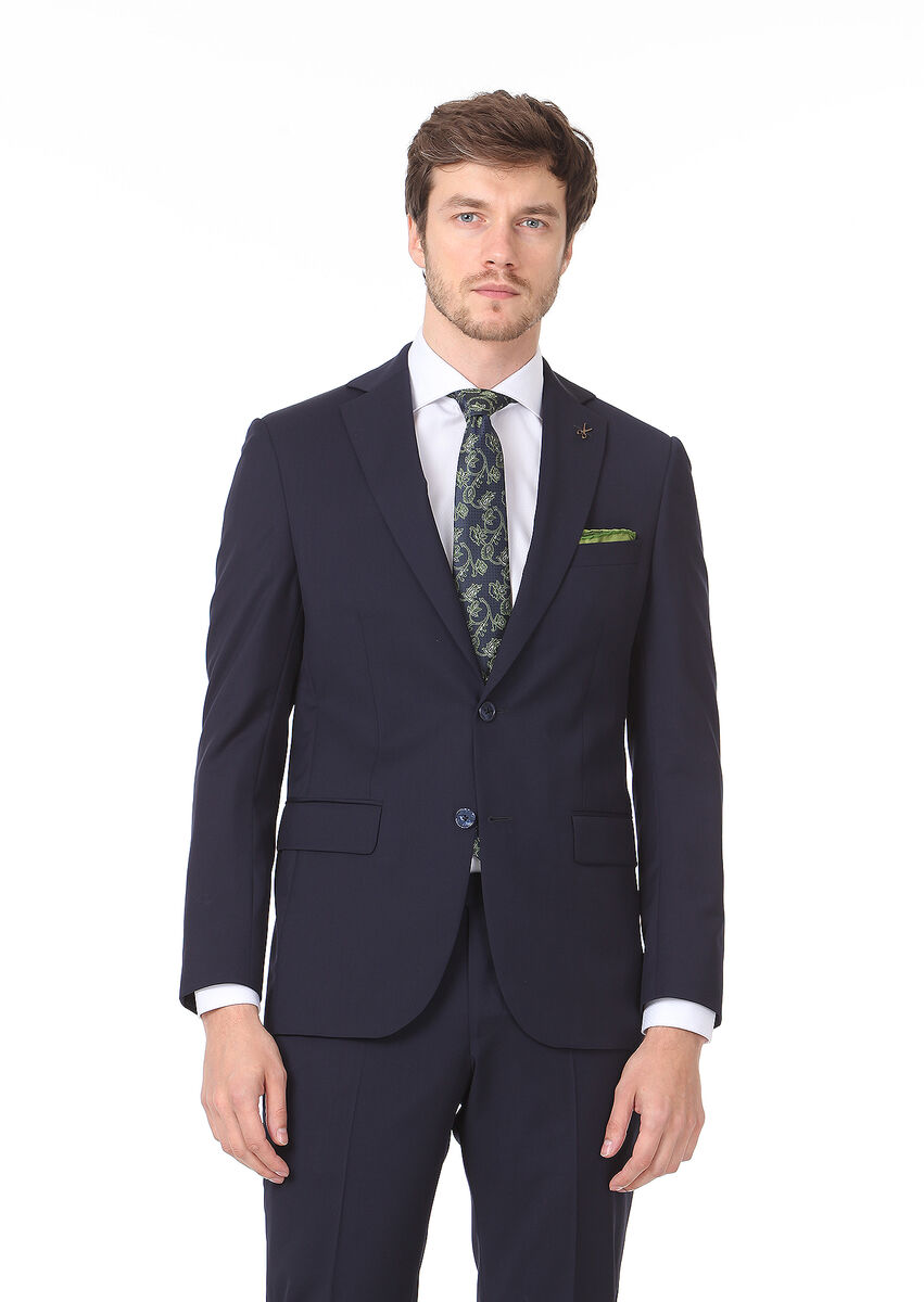 Navy Blue Plain Modern Fit 100% Wool Suit - 1