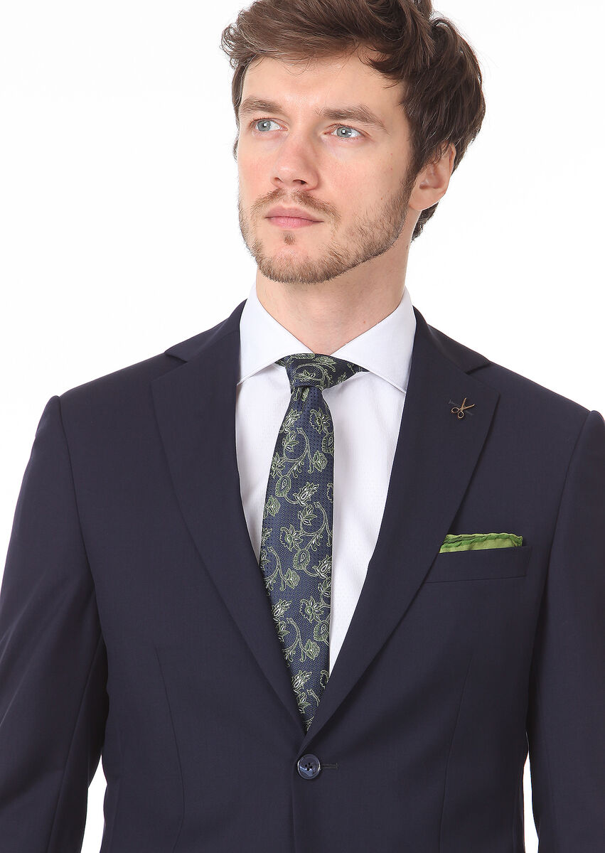 Navy Blue Plain Modern Fit 100% Wool Suit - 2