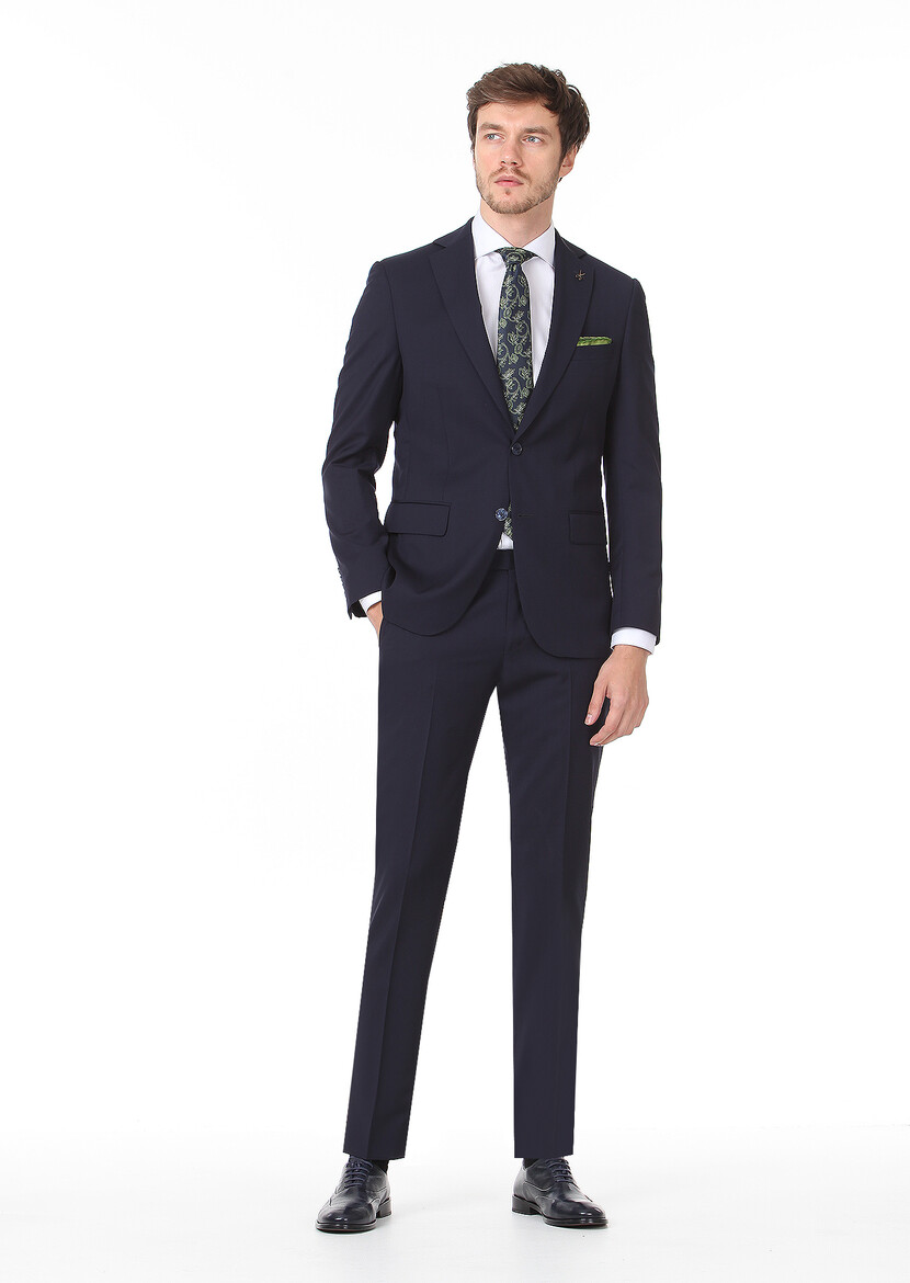 Navy Blue Plain Modern Fit 100% Wool Suit - 3