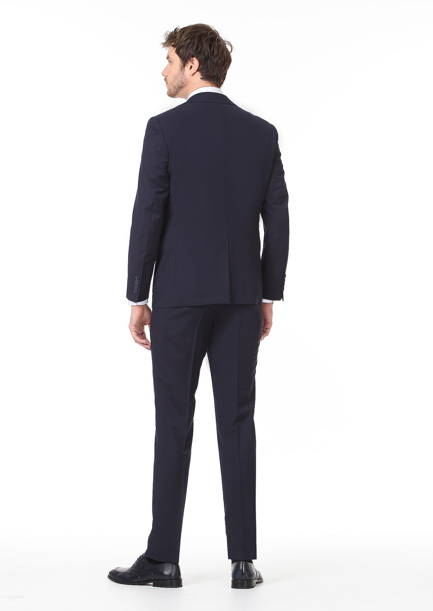 Navy Blue Plain Modern Fit 100% Wool Suit - 4