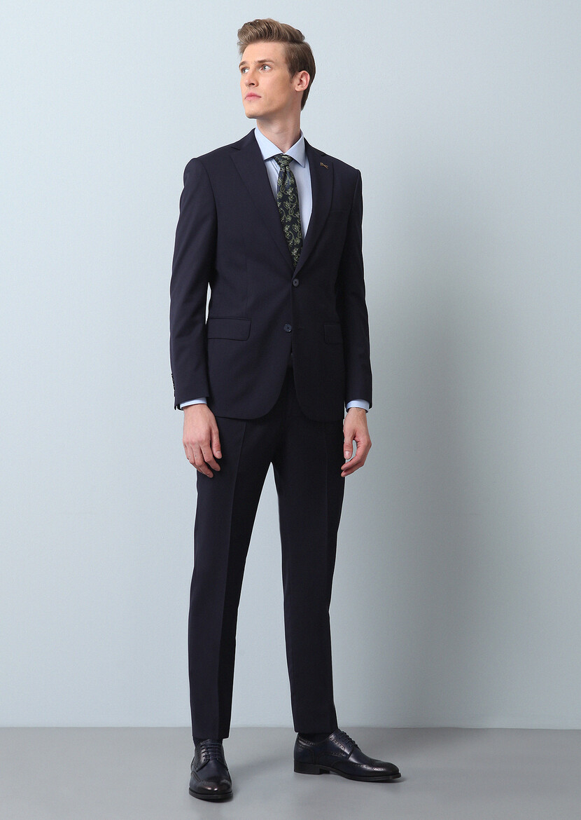 Navy Blue Plain Modern Fit 100% Wool Suit - 1