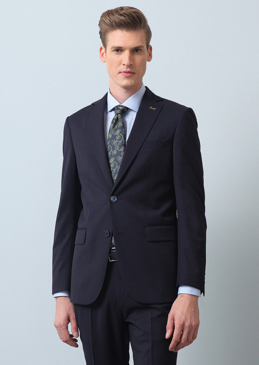 Navy Blue Plain Modern Fit 100% Wool Suit - 2