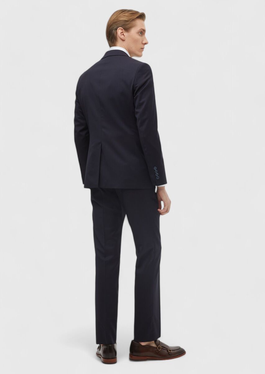Navy Blue Plain Modern Fit 100% Wool Suit - 6