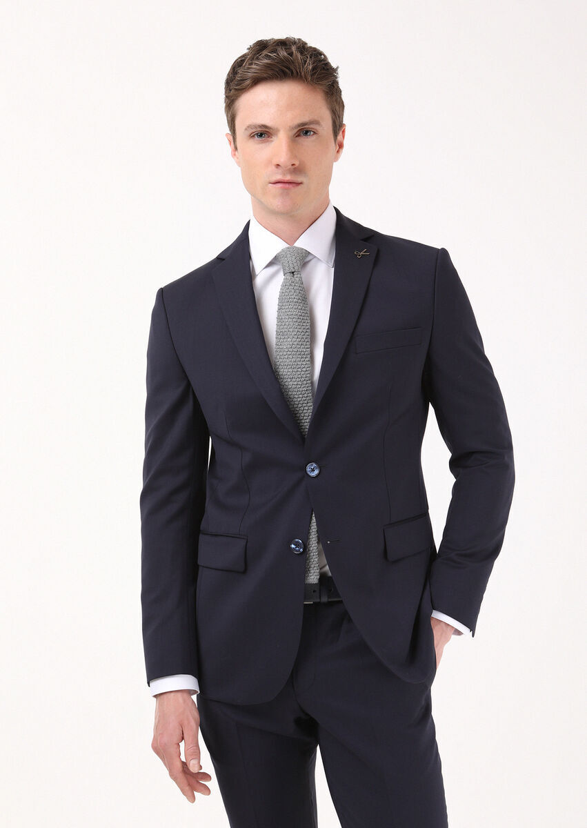 Navy Blue Plain Modern Fit 100% Wool Suit - 1