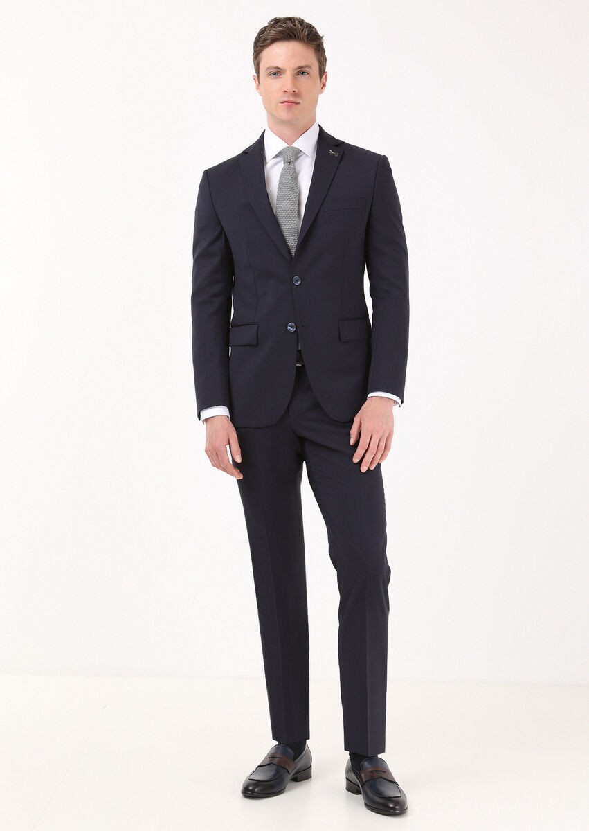 Navy Blue Plain Modern Fit 100% Wool Suit - 2