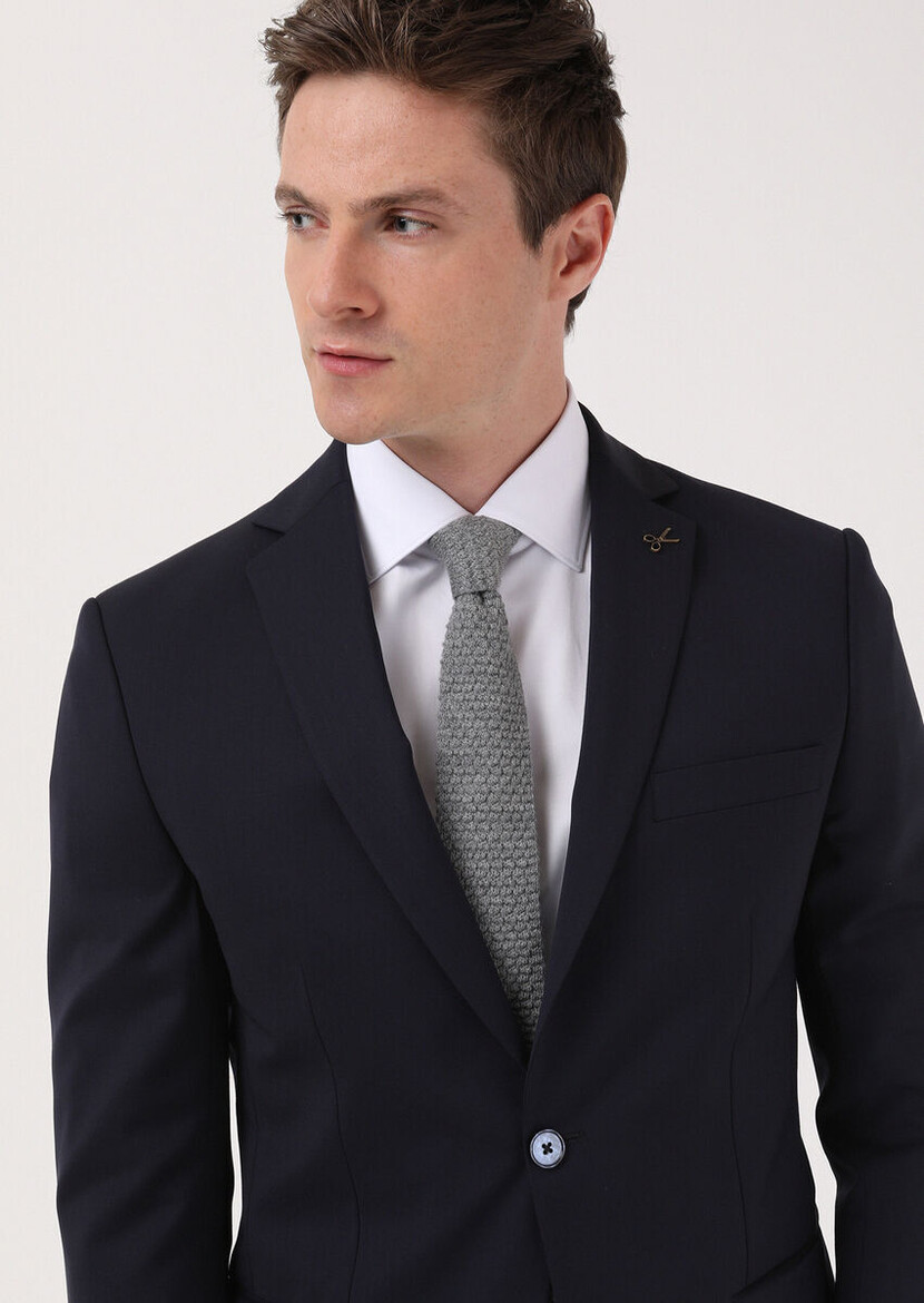 Navy Blue Plain Modern Fit 100% Wool Suit - 3