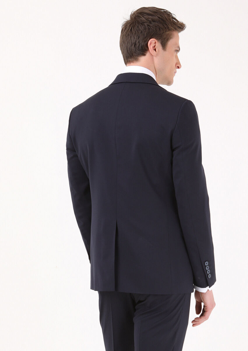 Navy Blue Plain Modern Fit 100% Wool Suit - 4