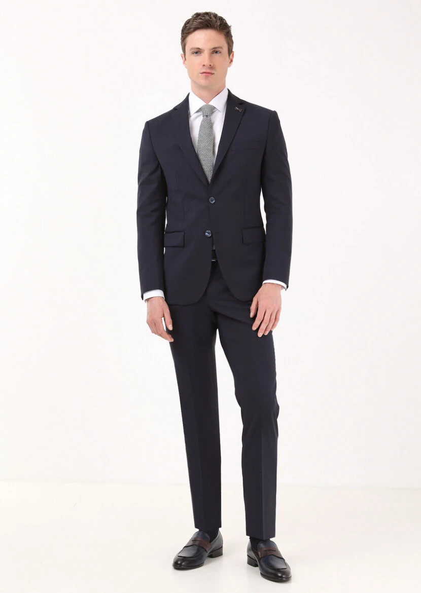 Navy Blue Plain Modern Fit 100% Wool Suit - 2