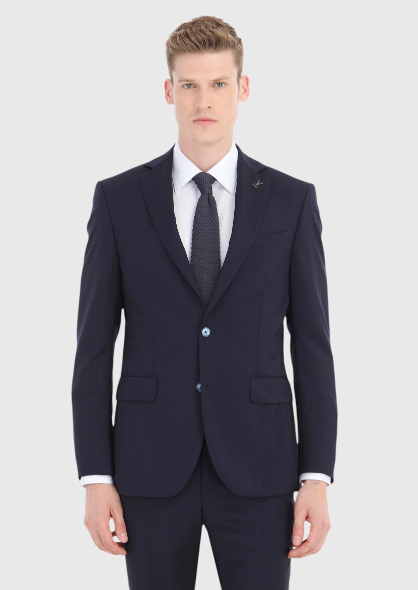 Navy Blue Plain Modern Fit 100% Wool Suit - 2