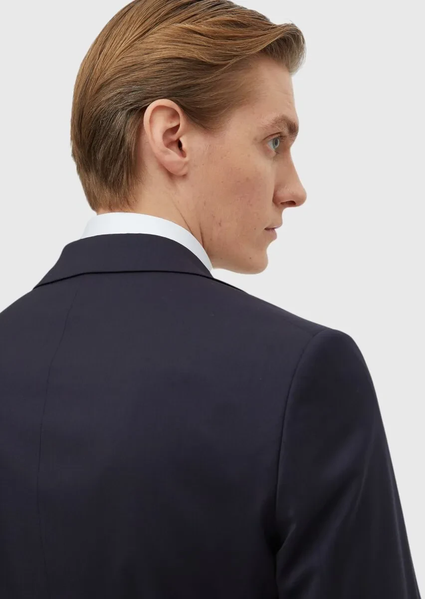 Navy Blue Plain Modern Fit 100% Wool Suit - 5