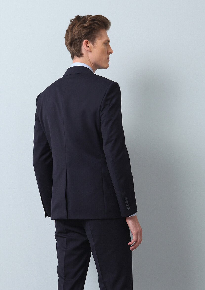 Navy Blue Plain Modern Fit 100% Wool Suit - 5