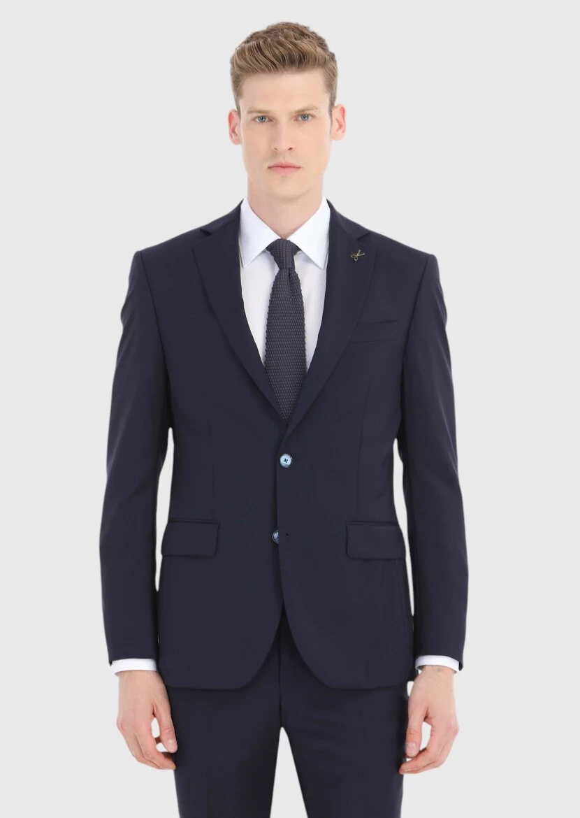 Navy Blue Plain Modern Fit 100% Wool Suit - RAMSEY
