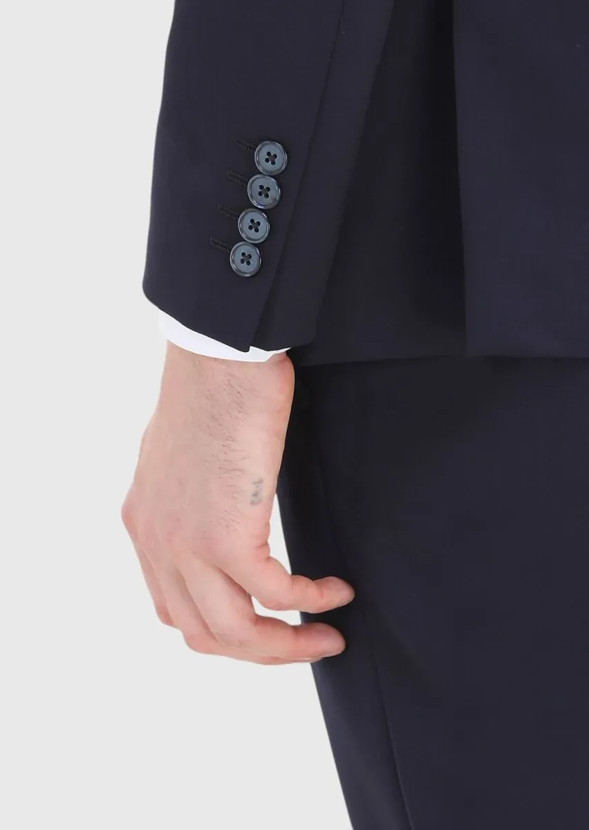 Navy Blue Plain Modern Fit 100% Wool Suit - 4