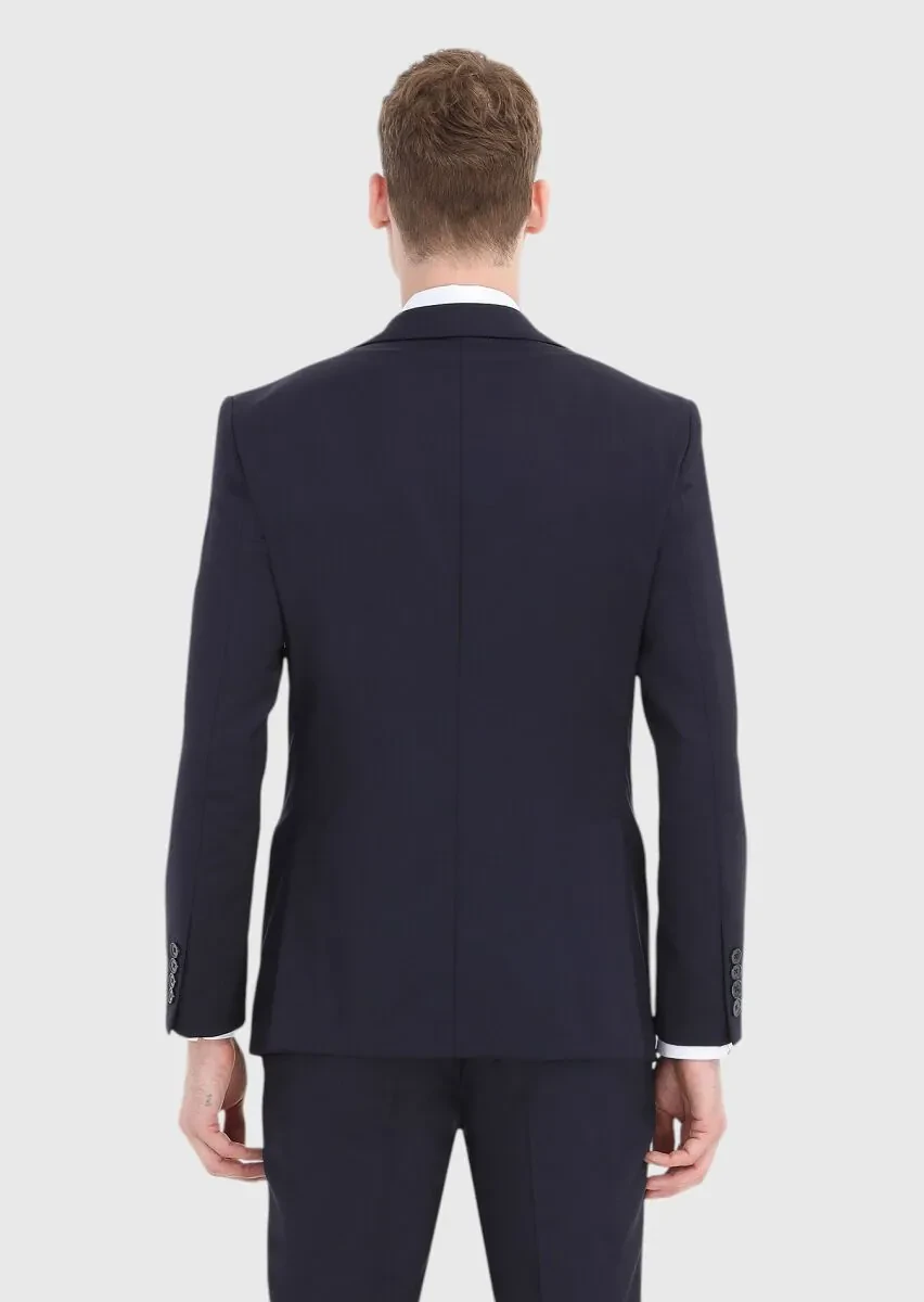 Navy Blue Plain Modern Fit 100% Wool Suit - 5