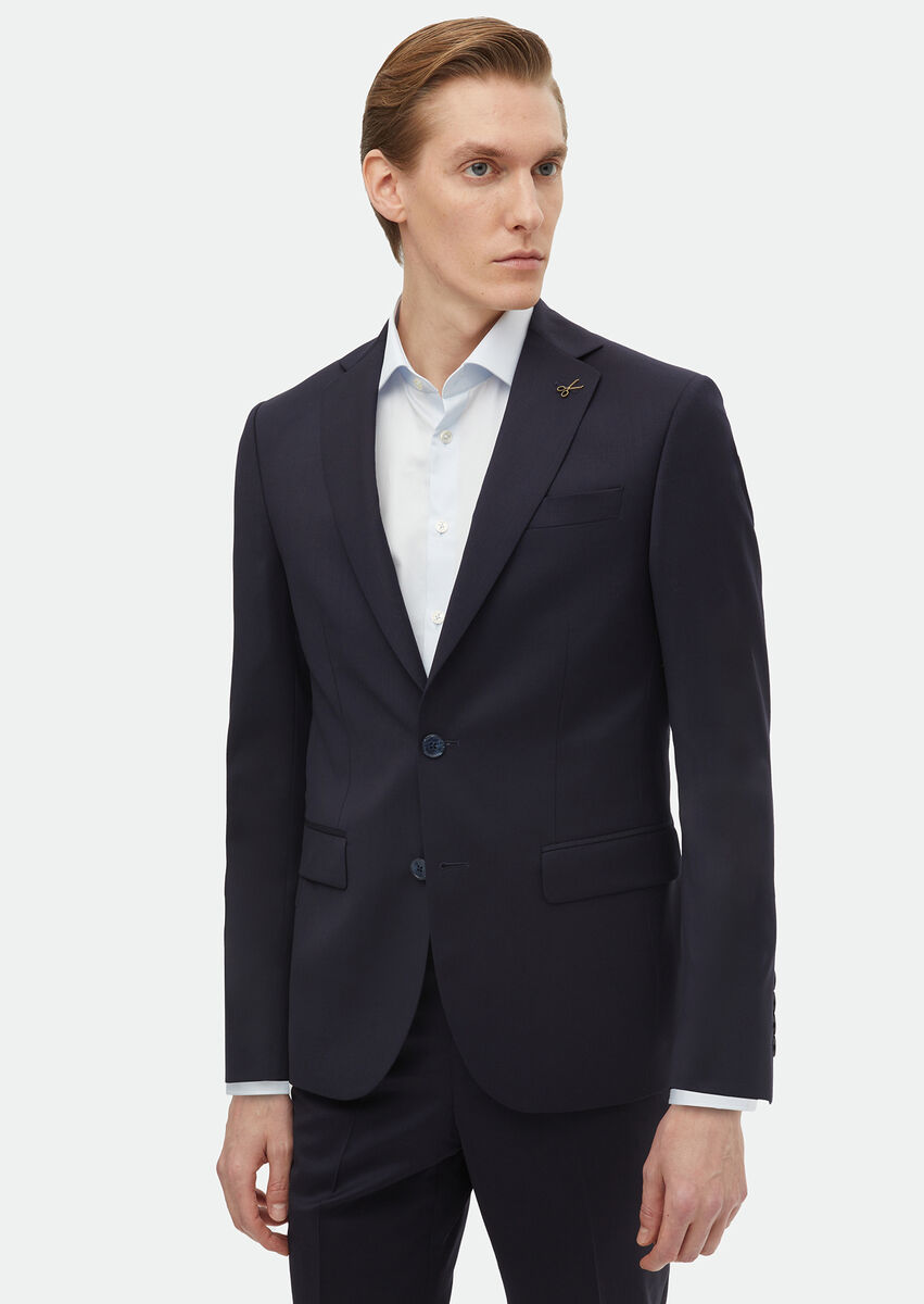 Navy Blue Plain Modern Fit 100% Wool Suit - 1