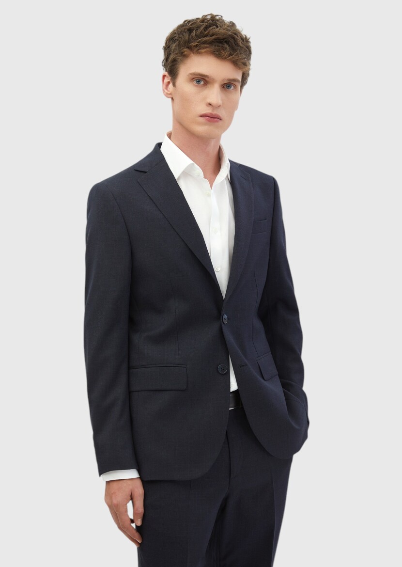 Navy Blue Plain Modern Fit 100% Wool Suit - 1