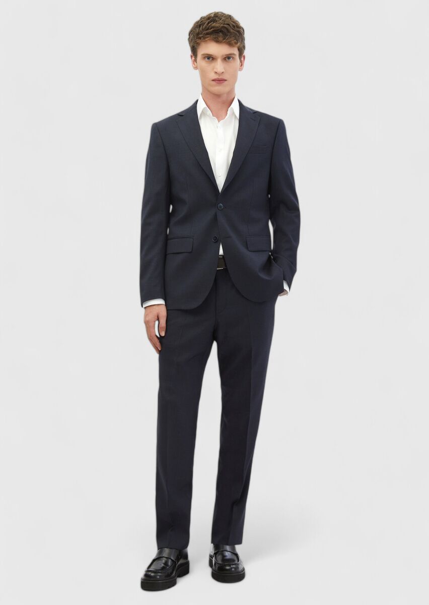 Navy Blue Plain Modern Fit 100% Wool Suit - 2