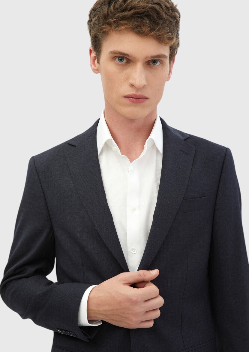 Navy Blue Plain Modern Fit 100% Wool Suit - 3